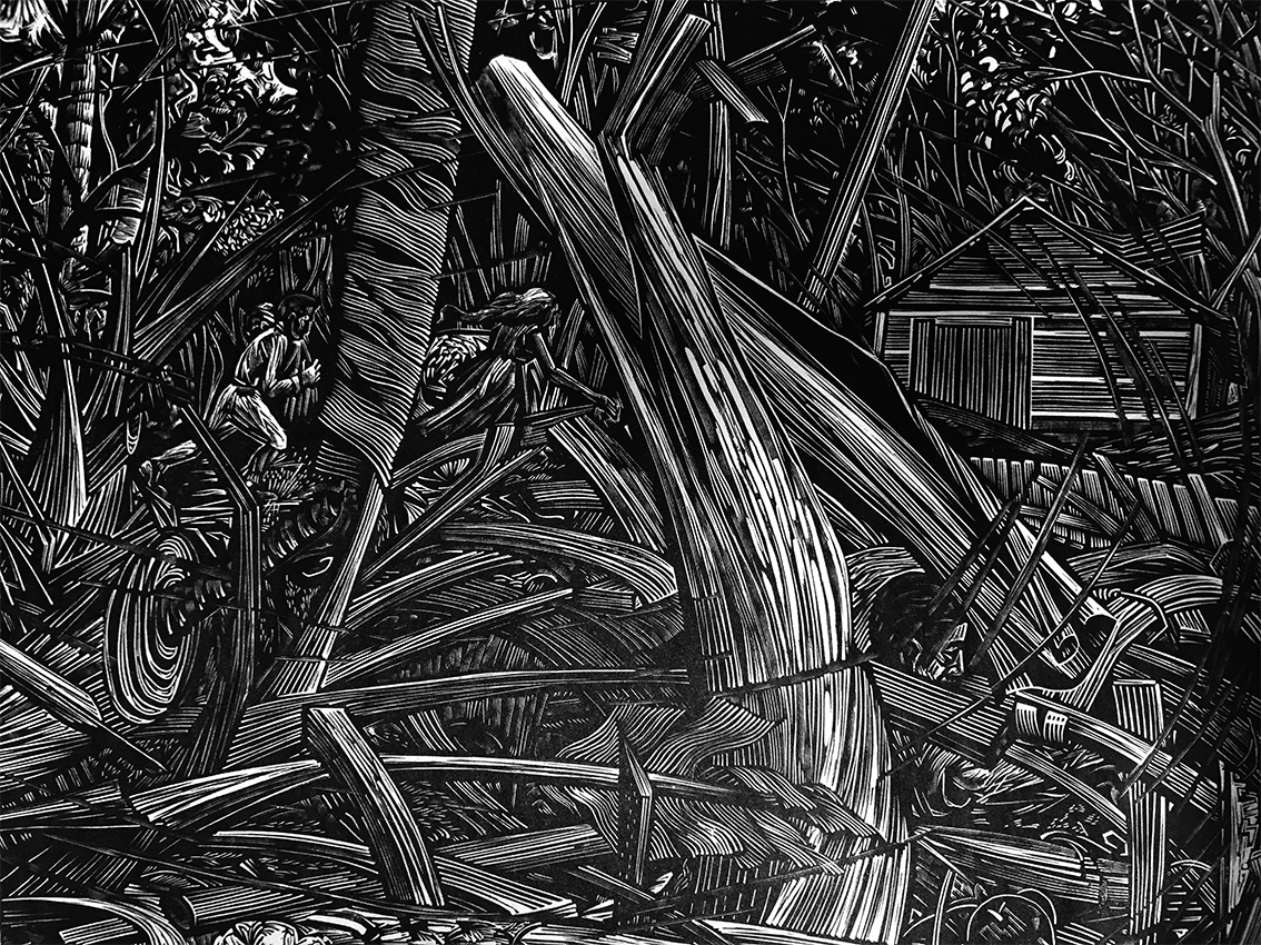 Santa Clara by Carlos Raquel Rivera, 1957. Linoleum etching depicting scene during the Santa Clara hurricane of 1956 in Puerto Rico. Courtesy of Instituto de Cultura Puertorriqueña.
