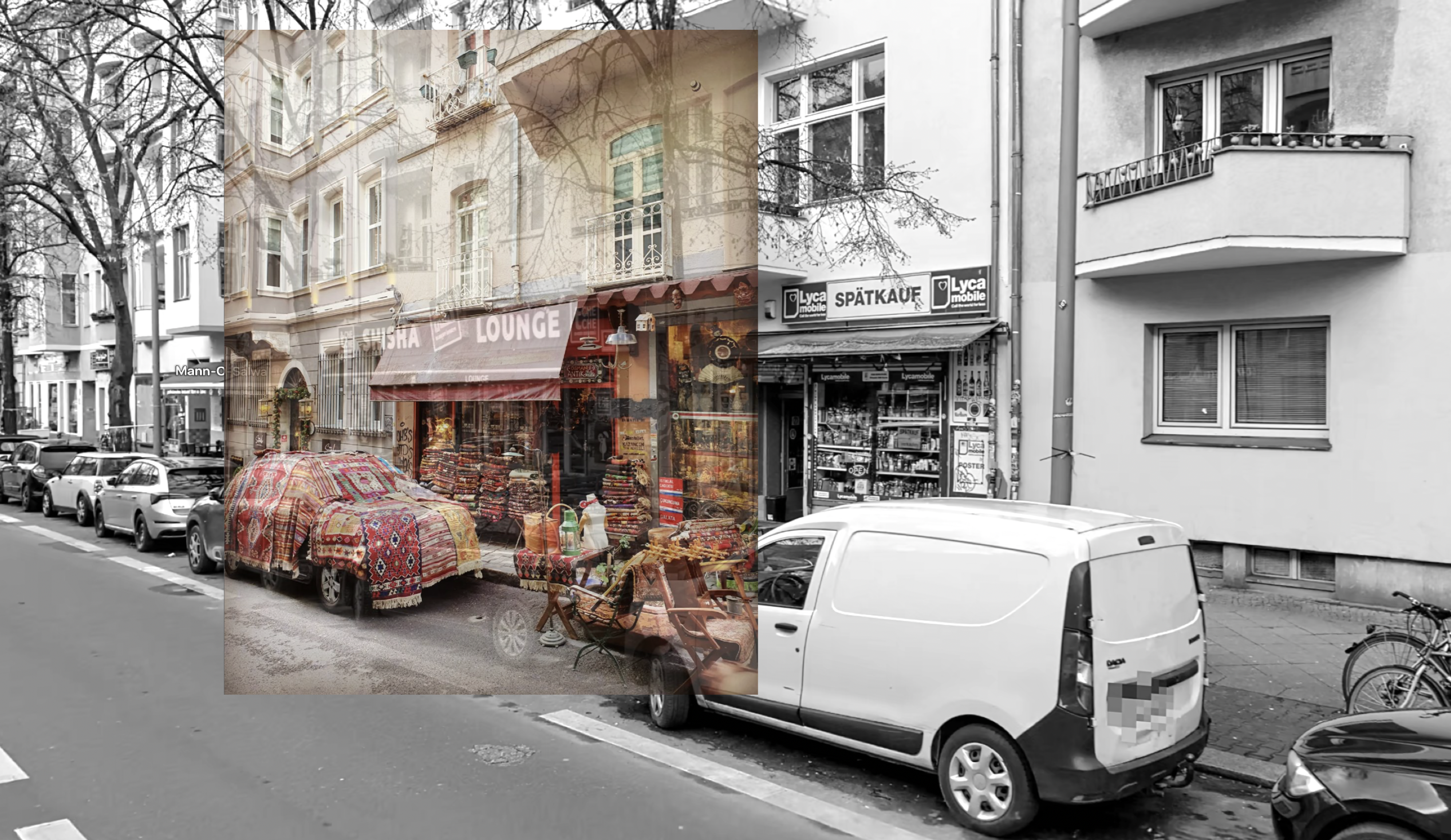 Juxtaposed photograph: A Turkish carpet shop in Cihangir, Istanbul. Photo by: Sangram Shirke and Apple Maps street view of Neukölln, Berlin.